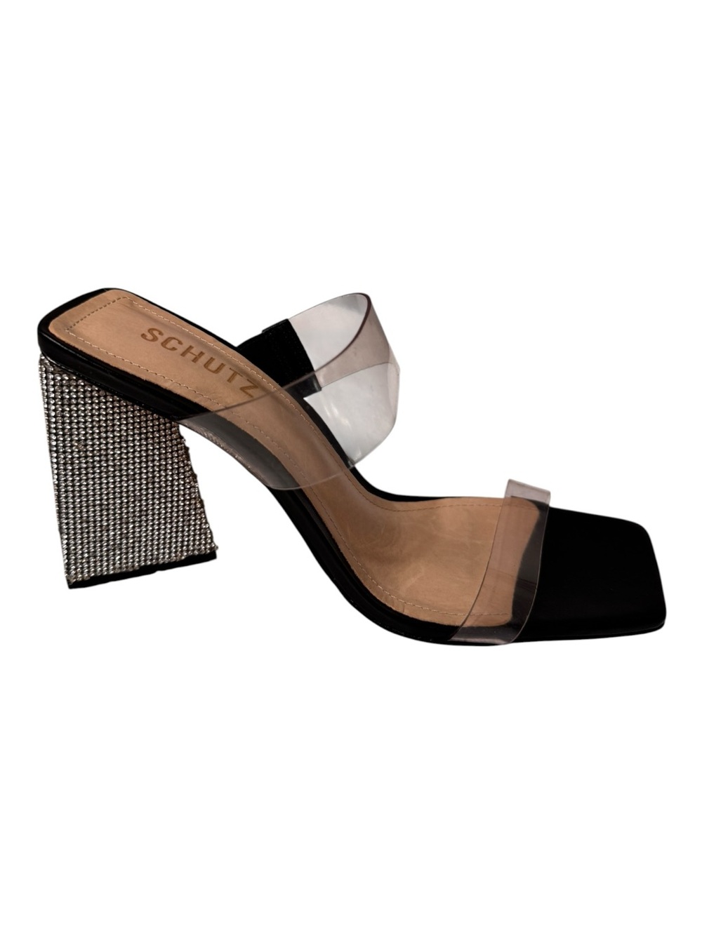 Schutz Black Clear Vinyl Rhinestone Block Heel Sandals Square Toe Slide NWT 8.5